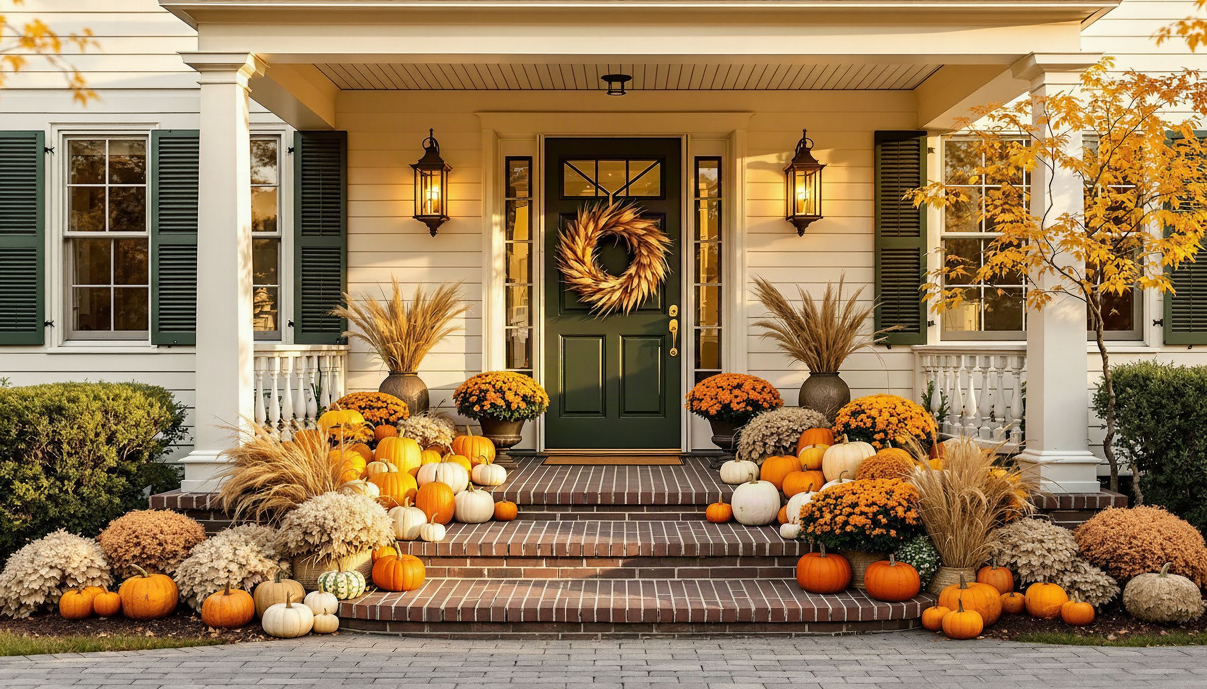 A styled front porch dressed to welcome guests